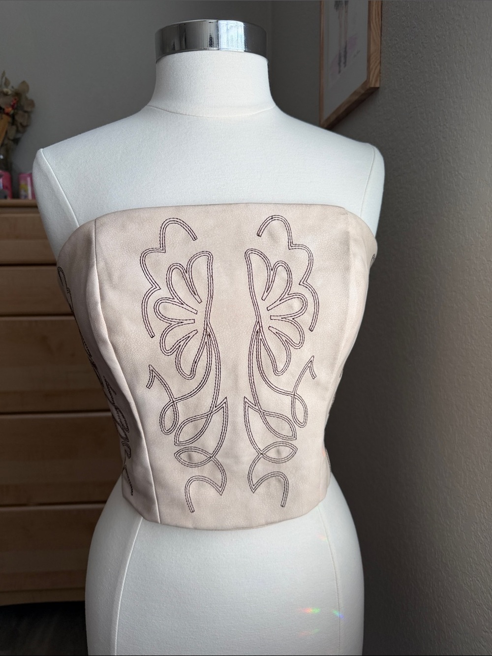 Strapless Embroidered Bustier Top in Light Beige